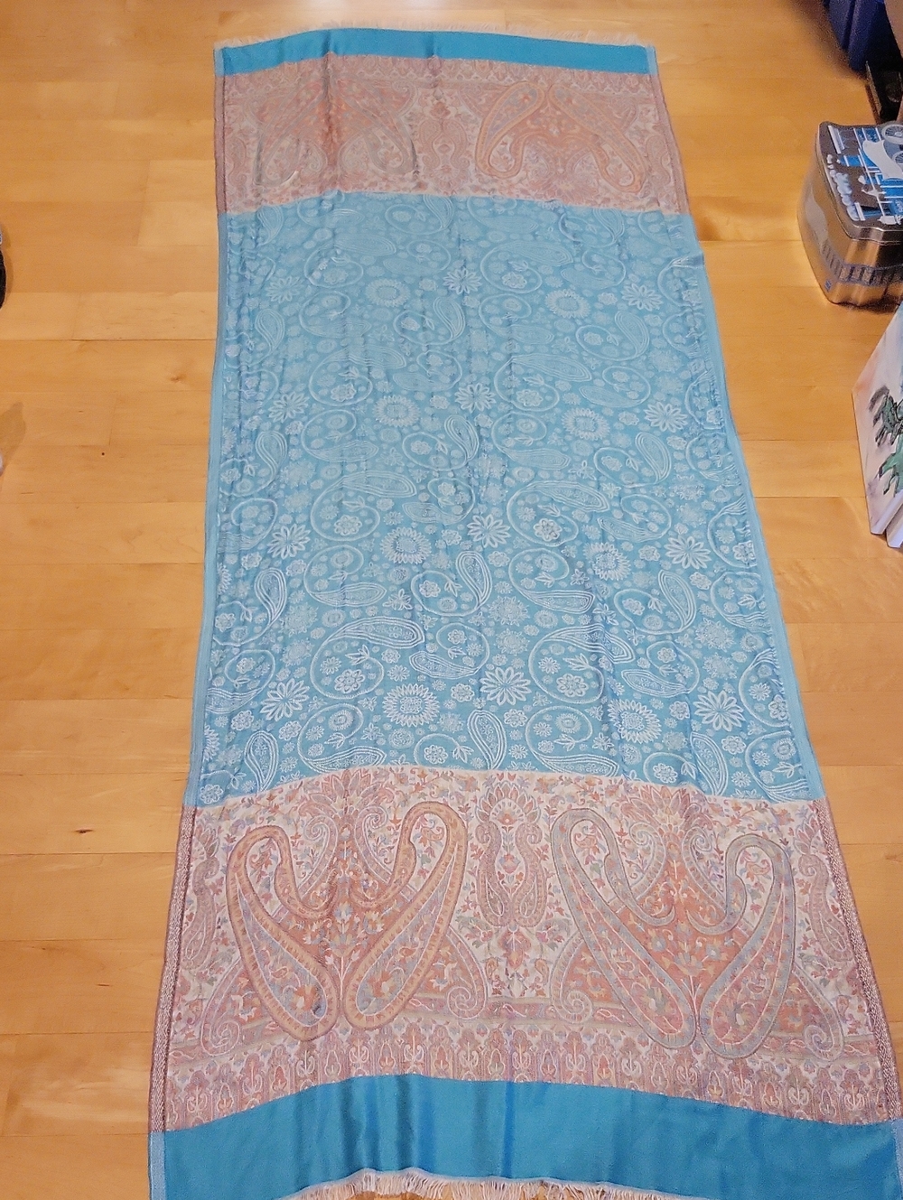 Vintage Teal Paisley Fringe Scarf Wrap 100% Silk India